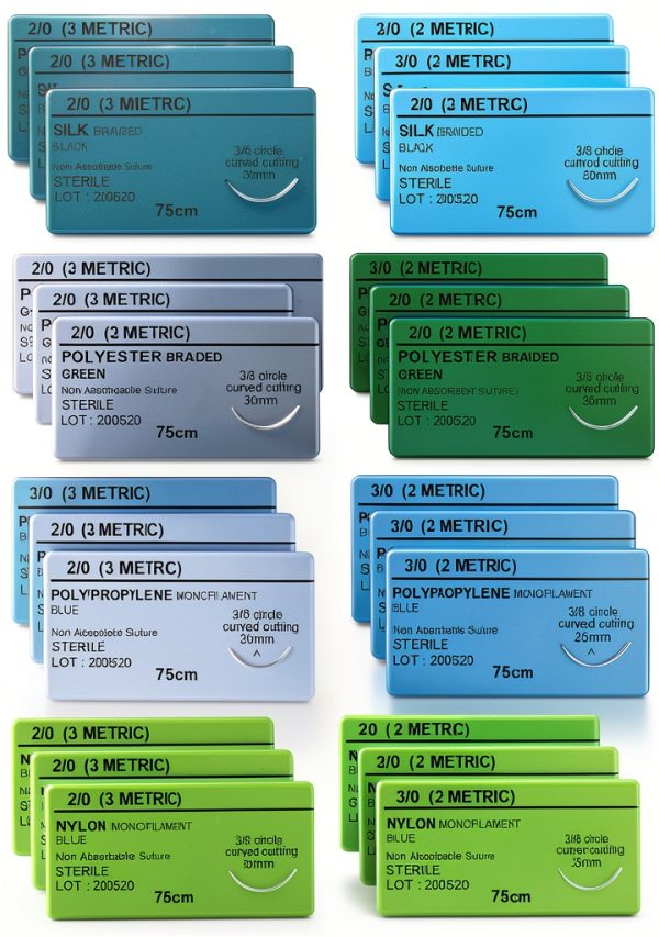 24 PK Mixed Training Sutures Thread with Needle Non-Absorbable: Nylon, Silk, Polyester, Polypropylene) - Wound Student Training Kit, Emergency First Aid Demo (2-0, 3-0,)-0