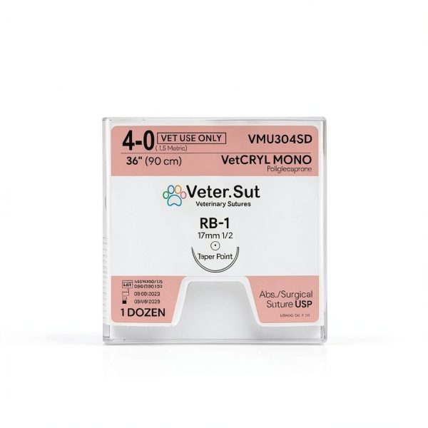 VeterSut VetCRYL Mono Poliglecaprone Surgical Suture 4-0, (RB-1) 1/2 17mm Taper Point 36", 12 Count, Veterinary Use-1