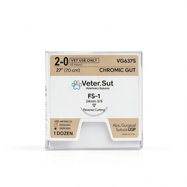 VeterSut CHROMIC Gut Absorbable Surgical Suture USP Size 2-0, (FS-1) 3/8 24mm Reverse Cutting Needle, 28 Inches (70 cm), 12 Count, Veterinary Use-4
