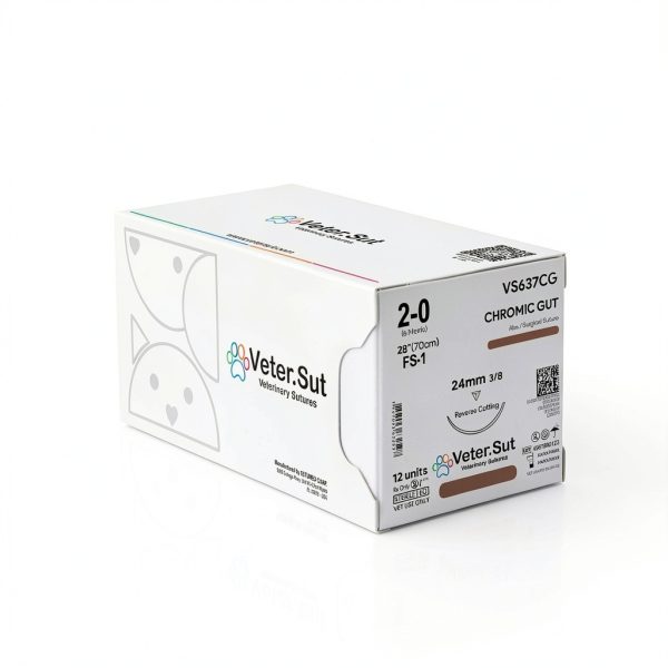 VeterSut CHROMIC Gut Absorbable Surgical Suture USP Size 2-0, (FS-1) 3/8 24mm Reverse Cutting Needle, 28 Inches (70 cm), 12 Count, Veterinary Use-0
