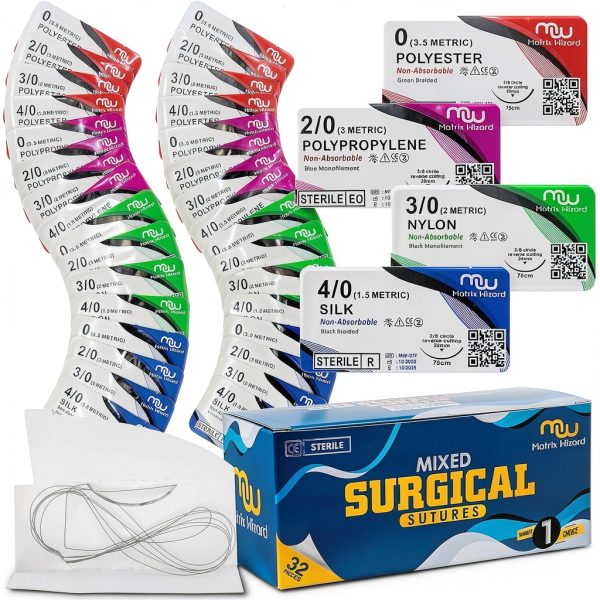 Mixed Sterile Sutures Thread with Needle 32PK (0, 2-0, 3-0, 4-0) Non-Absorbable - Surgical Emergency Practice, Medical, Nursing, EMT, PA, Dental, Veterinary Student's Hospital Training Kit, Taxidermy-0