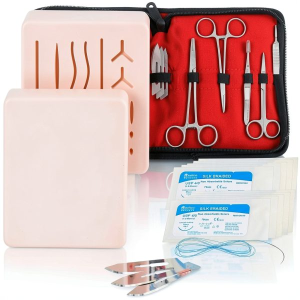 Complete Suture Practice Kit for Medical Students, Improved Stitches Kit Medical Including 2 x Large Suture Pads 1 x Plain, 1 x Pre-Cut, 5 Suture Tools, Surgical Practice Kit (Education Use Only)-0