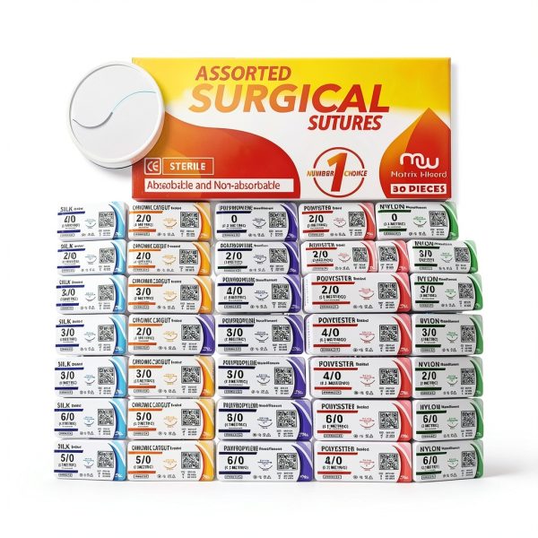 Sutures Thread with Needle (30PK Mix Absorbable: Chromic; Non-Absorbable: Silk, Nylon, Polyester, Polypropylene: 0,2-0,3-0,4-0,5-0,6-0) - Surgical Stitch Kit; Medical, Vet, RN's Hospital Training-0