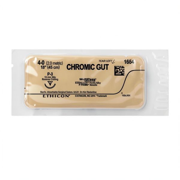 Ethicon Surgical Gut (Chromic) Suture, 1654G, Natural Absorbable, P-3 (13 mm), 3/8 Circle Needle, Size 4-0, 18" (45 cm)-1