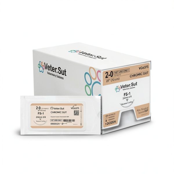 VeterSut CHROMIC Gut Absorbable Surgical Suture USP Size 2-0, (FS-1) 3/8 24mm Reverse Cutting Needle, 28 Inches (70 cm), 12 Count, Veterinary Use-3