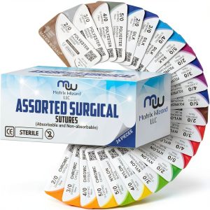 Mixed Sutures Thread with Needle (Absorbable: Chromic Catgut; Non-Absorbable: Nylon, Silk, Polyester, Polypropylene) - Surgical Wound Practice Kit, Emergency First Aid Demo (2-0, 3-0, 4-0, 5-0) 24PK-0