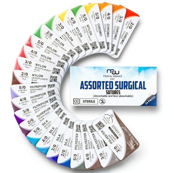 Mixed Sutures Thread with Needle (Absorbable: Chromic Catgut; Non-Absorbable: Nylon, Silk, Polyester, Polypropylene) - Surgical Wound Practice Kit, Emergency First Aid Demo (2-0, 3-0, 4-0, 5-0) 24PK-6