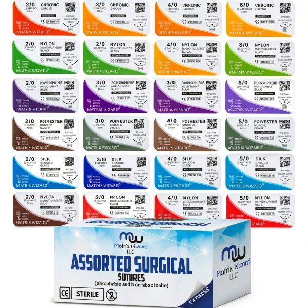 Mixed Sutures Thread with Needle (Absorbable: Chromic Catgut; Non-Absorbable: Nylon, Silk, Polyester, Polypropylene) - Surgical Wound Practice Kit, Emergency First Aid Demo (2-0, 3-0, 4-0, 5-0) 24PK-5
